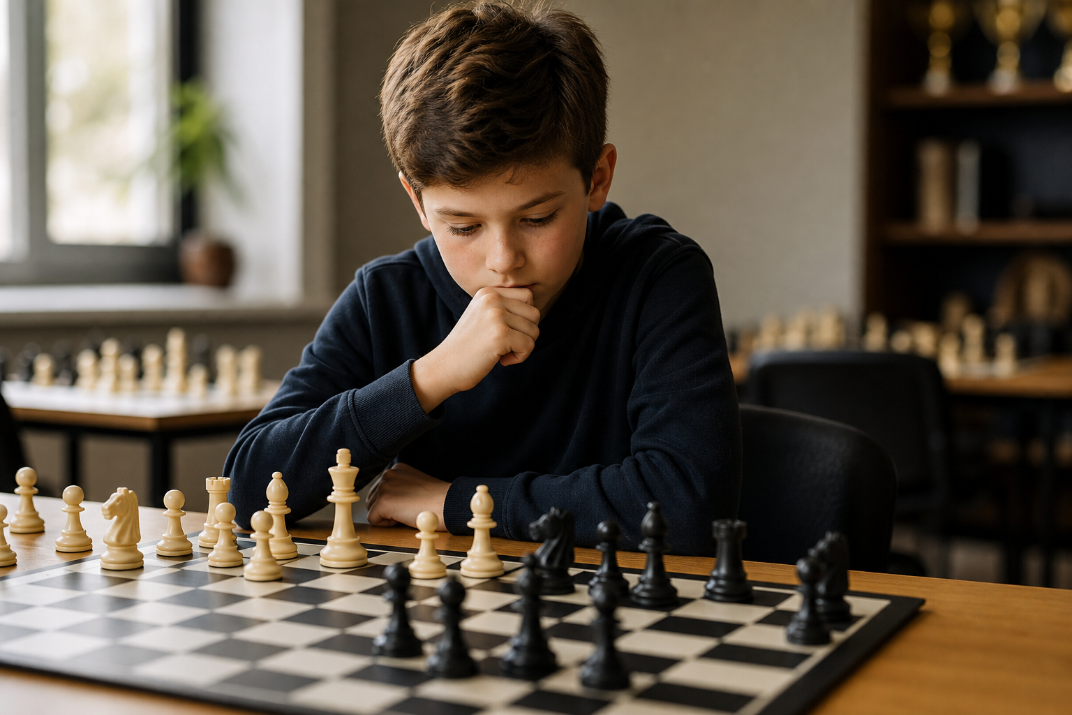 A young chess student studying a position on a chessboard